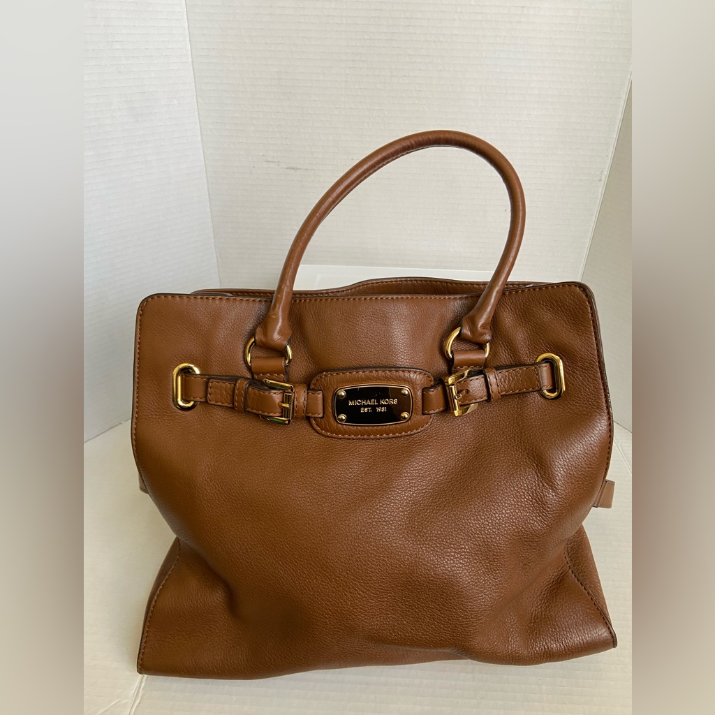Michael Kors Hamilton Large Travel Tote Bag Brown Leather Tan Gold Chain Satchel